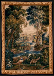 Tapiz flamenco. Llamado Verdure (Paisaje con agua, árboles y faisanes). Taller de Oudenaarde. 277x200cm. Inv 00012. Siglo XVII.