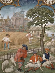 Fol.7v El Mes de Julio: Cosecha y Esquila de Ovejas, del Breviarium Grimani, c.1515
