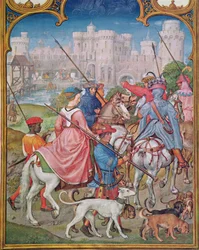 Fol.8v Mes de agosto: Partiendo para la caza, del Breviarium Grimani, c.1515