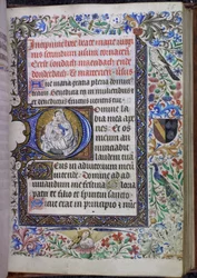 Inicial historiada con el Libro de Horas de la Virgen y el Niño, Uso de Tournai,sobre una media luna combinada con una orla de barras de tres lados y una orla completa con hojas de acanto, flores, pájaros, un ángel músico y un escudo de armas.