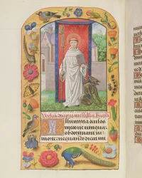 San Bernardo en hábito cisterciense con un diablo encadenado detrás de él, de un Libro de Horas, probablemente Brujas, c.1500-05