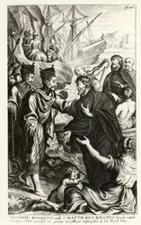Michael Rogerius (1543-1607) y Matthaeus Riccius (1552-1610) llegando a la costa de China, ilustración de una historia de la Iglesia por P. Cornelius Hazart, publicado en Amberes, 1668