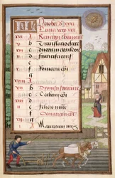 Ms 1058-1975 f10r Arando con Dos Caballos, página de calendario iluminada para octubre, de un Libro de Horas, c.1500