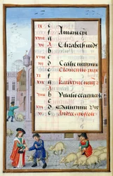 Ms 1058-1975 f11v Vendiendo Cerdos en el Mercado, página de calendario iluminada para noviembre, de un Libro de Horas, c.1500