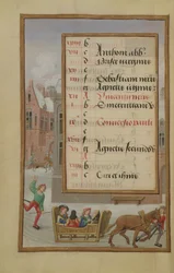 Ms 1058-1975 f1v Escena Callejera en la Nieve, página de calendario iluminada para enero, de un Libro de Horas, c.1500