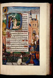 Ms 1058-1975, f.74r: El rey David rezando a la Virgen y al Niño y una inicial historiada D que representa la creación de Eva, de un Libro de Horas, Brujas, c.1510