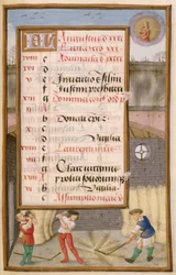 Ms 1058-1975 f8r Trillando Maíz en el Granero, página de calendario iluminada para agosto, de un Libro de Horas, c.1500