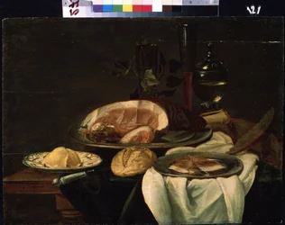 "Bodegón" (Naturaleza muerta) Jamón, pan y mantequilla. Pintura de la escuela holandesa. 1650 Museo de Arte Mikhail Kroshitsky, Sebastopol (Sebastopol) Ucrania