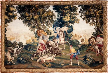 Palacio (Castillo de Eu). El museo (Museo Louis-Philippe del castillo de la UE). Tapiz flamenco. La caza de Silvio. siglo 18. 294x436cm.