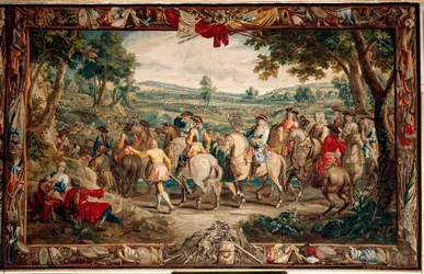 Palacio (complejo del castillo de Schleißheim). Tapiz flamenco. Taller de Bruselas Judocus De Vos. Diseño Lambert De Hondt. La marcha (La Marche). 400x640cm. Lana y seda. Ca 1715 - 1724.