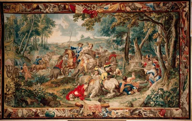 Palacio (complejo del castillo de Schleißheim). Tapiz flamenco. Taller de Bruselas Judocus De Vos. Diseño Lambert De Hondt. Emboscada (emboscada). 400x630cm. Lana y seda. Ca 1715 - 1724.