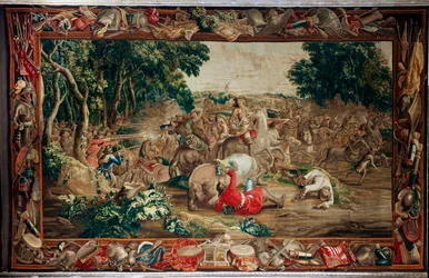 Palacio (complejo del castillo de Schleißheim). Tapiz flamenco. Taller de Bruselas Judocus De Vos. Diseño Lambert De Hondt. Emboscada (emboscada). Lana y seda. Ca 1715 - 1724.