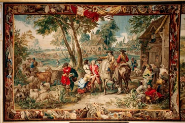 Palacio (complejo del castillo de Schleißheim). Tapiz flamenco. Taller de Bruselas Judocus De Vos. Diseño Lambert De Hondt. Saqueo (Pillaje). 400x595cm. Lana y seda. Ca 1715 - 1724.