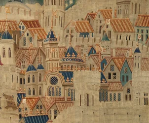 Parish museum of tapestries (Museo Parroquial de Tapices de Pastrana). Flemish tapestry. Conquest of Tanger (Toma de Tánger, De inname van Tanger). Series Conquests of king Alfonso I of Portugal (Conquistas de Alfonso V de Portugal). Tournai. Wool and silk