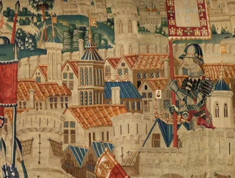 Parish museum of tapestries (Museo Parroquial de Tapices de Pastrana). Flemish tapestry. Conquest of Tanger (Toma de Tánger, De inname van Tanger). Series Conquests of king Alfonso I of Portugal (Conquistas de Alfonso V de Portugal). Tournai. Wool and silk
