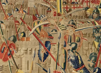 Parish museum of tapestries (Museo Parroquial de Tapices de Pastrana). Flemish tapestry. Take of Arcila (Toma de Arcila, Asalto de Arcila, De inname van Arzila). Series Conquests of king Alfonso I of Portugal (Conquistas de Alfonso V de Portugal). Tournai.