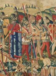 Museo Parroquial de Tapices (Museo Parroquial de Tapices de Pastrana). Tapiz flamenco. El desembarco de Arzila (El desembarco de Arzila, Desembarco y Arzila). Serie Conquistas del Rey Alfonso I de Portugal (Conquistas del Rey Alfonso V de Portugal). Torneo