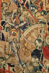 Parish museum of tapestries (Museo Parroquial de Tapices de Pastrana). Flemish tapestry. Encirclement of Arcila (El cerco de Arcila, De omsingeling van Arzila). Series Conquests of king Alfonso I of Portugal (Conquistas de Alfonso V de Portugal). Tournai.