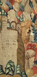 Parish museum of tapestries (Museo Parroquial de Tapices de Pastrana). Flemish tapestry. Conquest of Tanger (Toma de Tánger, De inname van Tanger). Series Conquests of king Alfonso I of Portugal (Conquistas de Alfonso V de Portugal). Tournai. Wool and silk