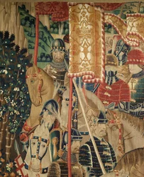 Parish museum of tapestries (Museo Parroquial de Tapices de Pastrana). Flemish tapestry. Conquest of Tanger (Toma de Tánger, De inname van Tanger). Series Conquests of king Alfonso I of Portugal (Conquistas de Alfonso V de Portugal). Tournai. Wool and silk
