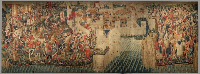 Parish museum of tapestries (Museo Parroquial de Tapices de Pastrana). Flemish tapestry. Conquest of Tanger (Toma de Tánger, De inname van Tanger). Series Conquests of king Alfonso I of Portugal (Conquistas de Alfonso V de Portugal). Tournai. Wool and silk