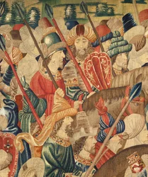 Parish museum of tapestries (Museo Parroquial de Tapices de Pastrana). Flemish tapestry. Conquest of Tanger (Toma de Tánger, De inname van Tanger). Series Conquests of king Alfonso I of Portugal (Conquistas de Alfonso V de Portugal). Tournai. Detail. Wool
