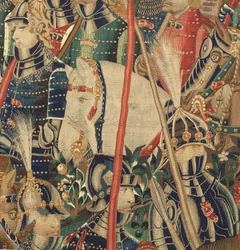Parish museum of tapestries (Museo Parroquial de Tapices de Pastrana). Flemish tapestry. Conquest of Tanger (Toma de Tánger, De inname van Tanger). Series Conquests of king Alfonso I of Portugal (Conquistas de Alfonso V de Portugal). Tournai. Wool and silk