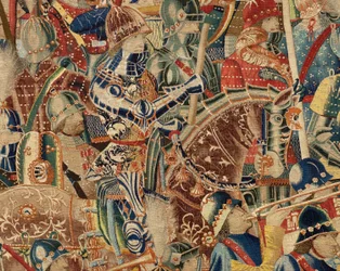 Parish museum of tapestries (Museo Parroquial de Tapices de Pastrana). Flemish tapestry. Take of Arcila (Toma de Arcila, Asalto de Arcila, De inname van Arzila). Series Conquests of king Alfonso I of Portugal (Conquistas de Alfonso V de Portugal). Tournai.