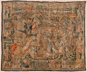 Museo Parroquial de Tapices (Museo Parroquial de Tapices de Pastrana). Tapiz flamenco. Combate entre Alejandro y Darío e Ipso (Batalla entre Alejandro y Darío en Ipso). Bruselas. Lana y seda. siglo 16. 510x419cm.