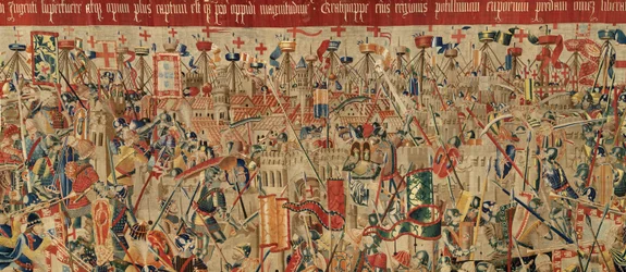 Parish museum of tapestries (Museo Parroquial de Tapices de Pastrana). Flemish tapestry. Take of Arcila (Toma de Arcila, Asalto de Arcila, De inname van Arzila). Series Conquests of king Alfonso I of Portugal (Conquistas de Alfonso V de Portugal). Tournai.
