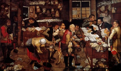 Escena de casa de empeño del Monte de Piedad. Pintura de la escuela flamenca. Siglo XVI