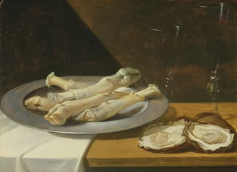 Manitas de cerdo en un plato de peltre con ostras y copas de vino en una mesa con mantel, c.1630