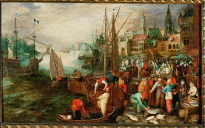 Puerto y mercado de Amberes (óleo sobre madera de roble)