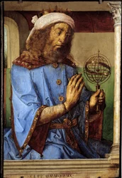 Retrato de Ptolomeo (Claudio Ptolomeo, ca. 90-168), astrónomo griego. Pintura de Pedro Berruguete (ca. 1450-antes de 1504) y Justo de Gante (1435-1480) Ec. Flam