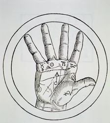 Posición de los planetas en la mano derecha, copia de una ilustración de De Occulta Philosophia Libri III, por Henricus Cornelius Agrippa, Amberes 1533, usado en una Historia de la Magia, publicado a finales del siglo XIX