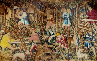 Escenas de cosecha y leñador. Tapiz de la Escuela Flamenca. Tournai. Siglo XV París, artes decorativas