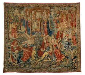 Tapiz, Alegoría moral del hombre o la justicia atacando al hombre, realizado en Flandes, Bélgica, hacia 1500 (lana y seda)
