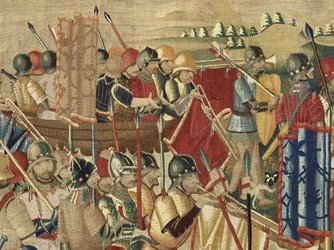 Tapiz que muestra las conquistas del rey Alfonso V de Portugal, Tournai. (detalle)