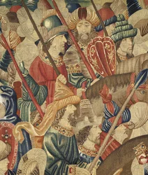 Tapiz que muestra las conquistas del rey Alfonso V de Portugal (Conquistas de Alfonso V de Portugal), Tournai. (Detalle)