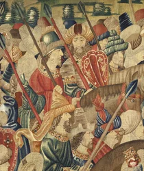 Tapiz que muestra las conquistas del rey Alfonso V de Portugal (Conquistas de Alfonso V de Portugal), Tournai. (Detalle)