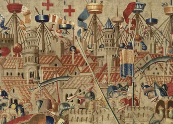 Tapiz que muestra las conquistas del rey Alfonso V de Portugal, Tournai. (detalle)