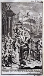 Telémaco deja Lacedemonia en un carro con el hijo de Néstor después de recibir grandes regalos de Menelao. Ilustración para el libro XV de la Odisea de Homero, en la Odisea, publicada en Ámsterdam en 1731, Colección privada Milán
