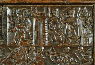 El cofre de Courtrai que representa a los soldados de infantería flamencos derrotando a la caballería francesa (detalle)