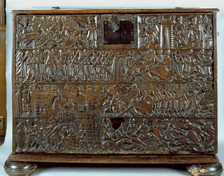 El cofre de Courtrai que representa escenas de la Batalla de las Espuelas de Oro luchada en Courtrai en 1302