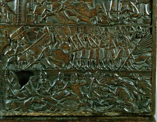 El cofre de Courtrai que representa la línea de batalla flamenca durante la Batalla de las Espuelas de Oro, luchada en Courtrai en 1302 (detalle)