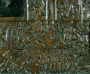 El cofre de Courtrai que representa dos escenas de la Batalla de las Espuelas de Oro luchada en Courtrai en 1302 (detalle)