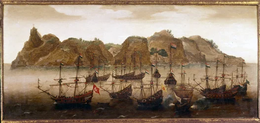 La flota holandesa frente a la isla de Santa Elena. Pintura al óleo. Siglo XVII. Museo Naval de Ámsterdam