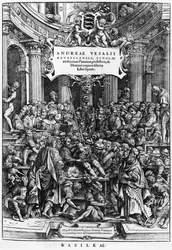 La lección de anatomía de Andreas Vesalius (1514-64) en la escuela de medicina en Bruselas, frontispicio de De Humani Corporis Fabrica, publicado en Basilea, 1555