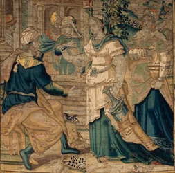 Las colecciones universitarias. Tapiz flamenco. Las hijas de Jetro le cuentan a su padre sobre su encuentro con Moisés. Detalle. Oudenaarde. 1550 aprox.