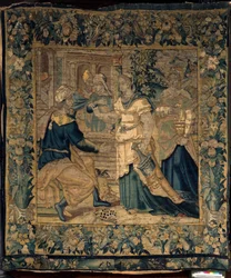 Las colecciones universitarias. Tapiz flamenco. Las hijas de Jetro le cuentan a su padre sobre su encuentro con Moisés. Oudenaarde. 1550 aprox.